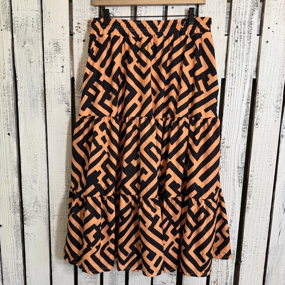 Geometric Print Broom Skirt Black Orange Women’s 2XL Pockets Pull On Boho Smooth - Picture 6 of 8